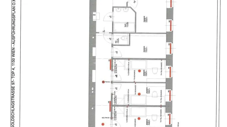 Grundrissplan einer Wohnung mit mehreren Zimmern und Bädern, inklusive Außenbereich.