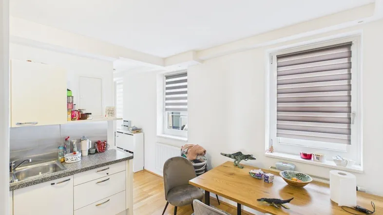 Heller Wohn- und Essbereich mit kleiner Küchenzeile, Holzboden und Blick nach draußen.