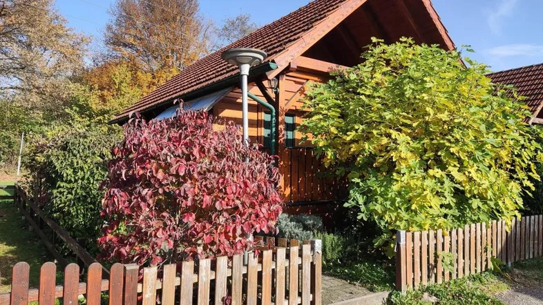 Charmantes Holzhaus im Chalet-Stil mit gepflegtem Vorgarten und herbstlicher Bepflanzung unter blauem Himmel.