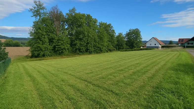 Große, gepflegte Rasenfläche mit Bäumen im Hintergrund und einem Haus in der Ferne unter blauem Himmel.