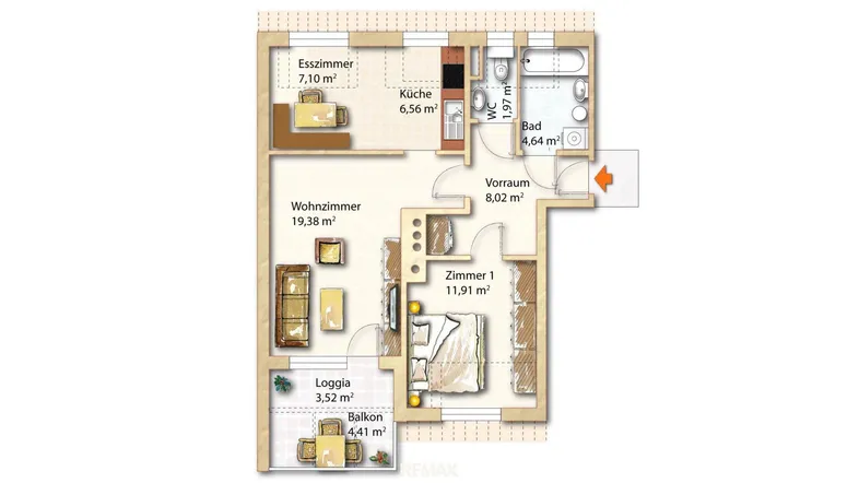 Grundriss einer Wohnung mit Wohnzimmer, Esszimmer, Küche, Schlafzimmer, Bad, separatem WC, Loggia und Balkon.