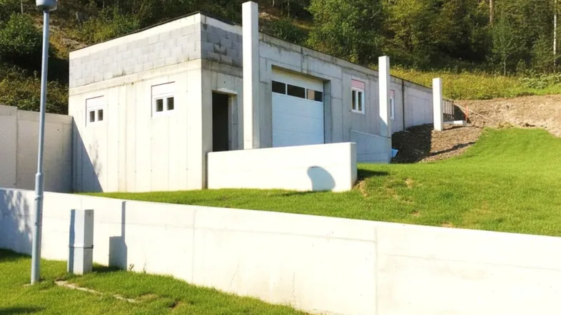 Betongebäude im Rohbauzustand mit Garagentor und kleinen Fenstern, eingebettet in eine grüne Hügellandschaft.