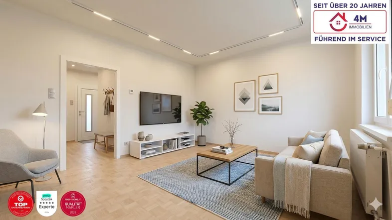 Helles Wohnzimmer mit modernem Interieur, Parkettboden und Zugang zum Flur.