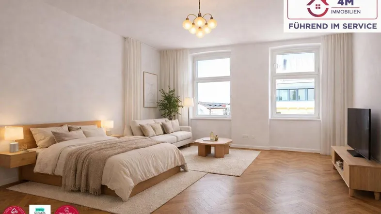 Helles Schlafzimmer mit Parkettboden, großem Bett und gemütlicher Sitzecke in modernem Stil.