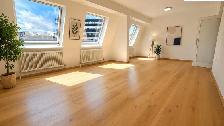 Helles Zimmer mit Holzboden, weißen Wänden und schrägen Dachfenstern, ideal als Wohnbereich.
