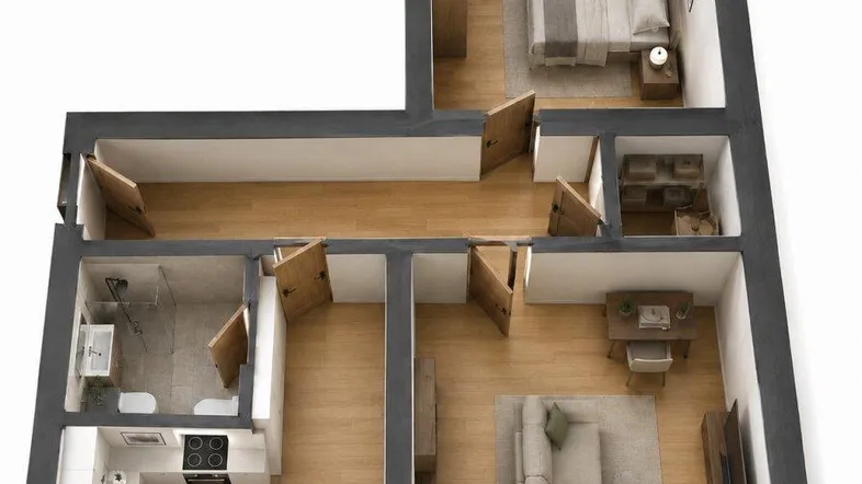 Dreidimensionaler Grundriss einer Wohnung mit Schlafzimmer, Wohnbereich, Küche und Bad.