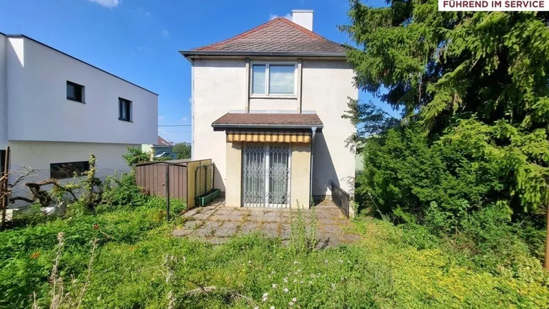 Außenansicht des Hauses mit kleiner Terrasse und verwildertem Gartenbereich, umgeben von viel Grün.
