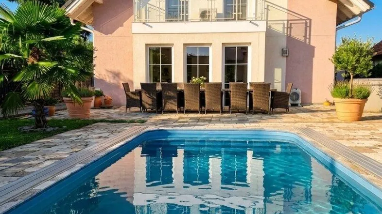 Modernes Haus mit Swimmingpool und Terrasse, umgeben von Palmen und Grünflächen unter blauem Himmel.
