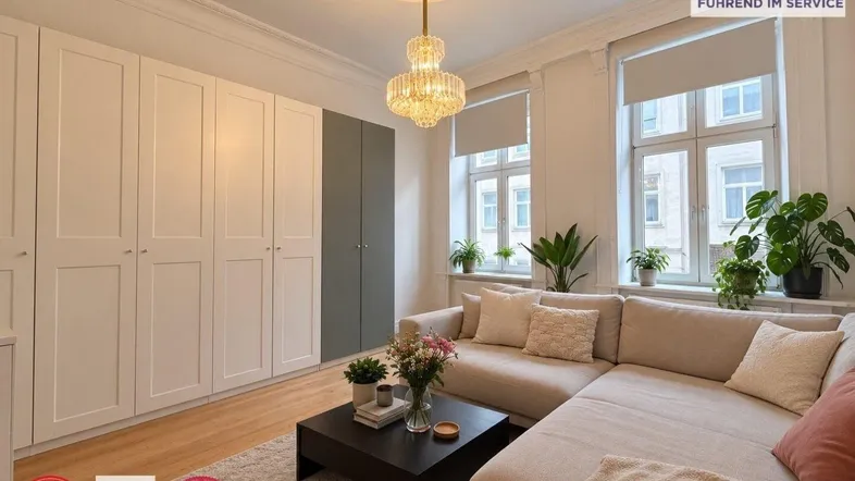 Helles Wohnzimmer mit Stuckdecke, großen Fenstern und Einbauschränken, modern eingerichtet.