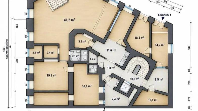 Detaillierter Grundriss des Erdgeschosses mit 190,0 m² Nutzfläche und Raumaufteilung.