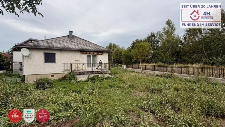 Älteres Einfamilienhaus mit ungepflegtem Garten und einfacher Fassade.