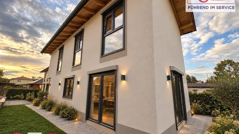 Modernes Einfamilienhaus mit heller Fassade, großen Fenstern und gepflegtem Vorgarten bei Sonnenuntergang.