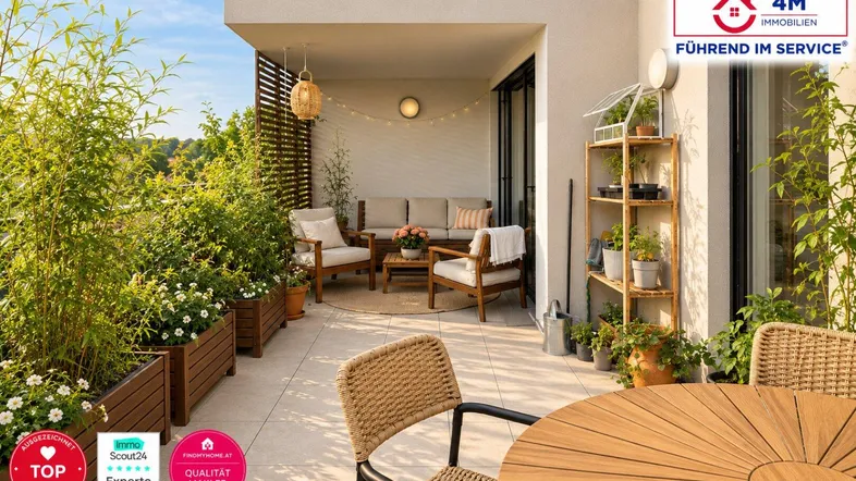 Geräumige, möblierte Terrasse mit vielen Pflanzen und gemütlicher Sitzecke, ideal zum Entspannen im Freien.