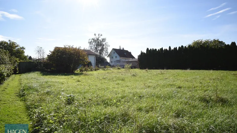 Großes, sonniges Grundstück mit Rasenfläche und umliegenden Wohnhäusern in ländlicher Umgebung.