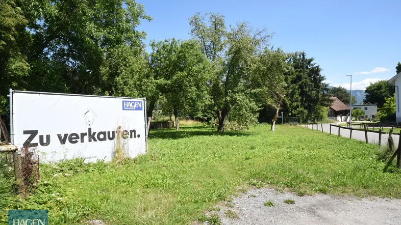 Grünfläche mit Bäumen und einem 'Zu verkaufen'-Schild, bereit für die Bebauung.