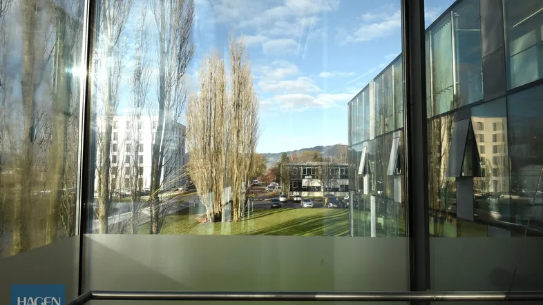 Blick aus einem modernen Bürogebäude mit großen Glasfenstern auf die umliegende Bebauung und Grünflächen.