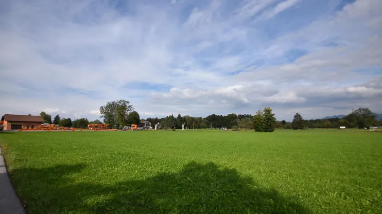 Weitläufige grüne Wiese mit Bäumen und Gebäuden in der Ferne unter blauem Himmel.