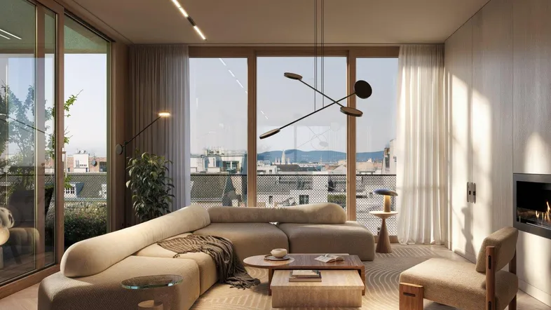 Modernes Wohnzimmer mit beigem Sofa, Kamin und großen Fenstern mit Stadtblick.