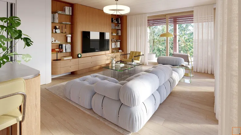 Modernes Wohnzimmer mit hellem Holzboden, bequemer Couch und integrierten Holzregalen.