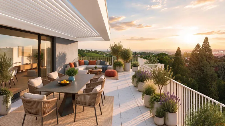 Große Dachterrasse mit Ess- und Loungebereich, vielen Pflanzen und weitem Blick über die Stadt bei Sonnenuntergang.