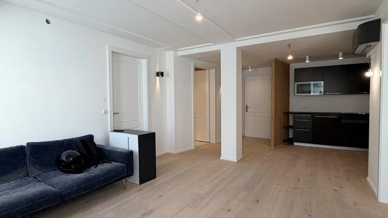 Heller offener Wohnbereich mit modernem Sofa, Holzboden und Blick auf die integrierte Küche.