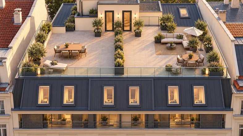Exklusive Dachterrasse mit verschiedenen Sitzbereichen, Pflanzen und Panoramablick über die Stadt.
