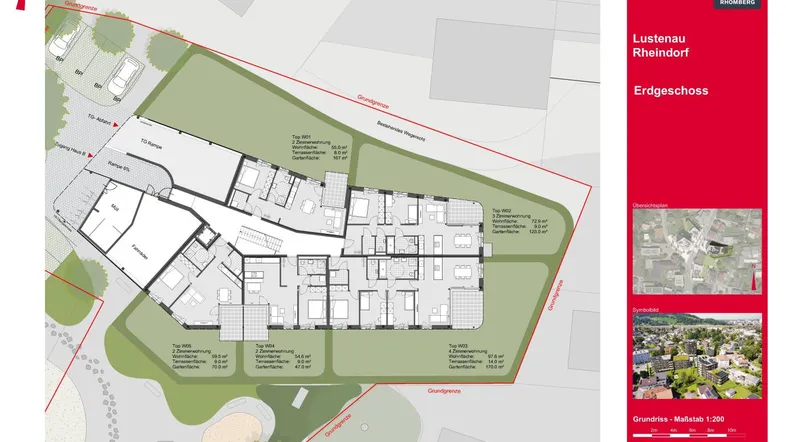Detaillierter Grundriss des Erdgeschosses mit mehreren Wohnungen, Terrassen, Gärten und Parkplätzen.