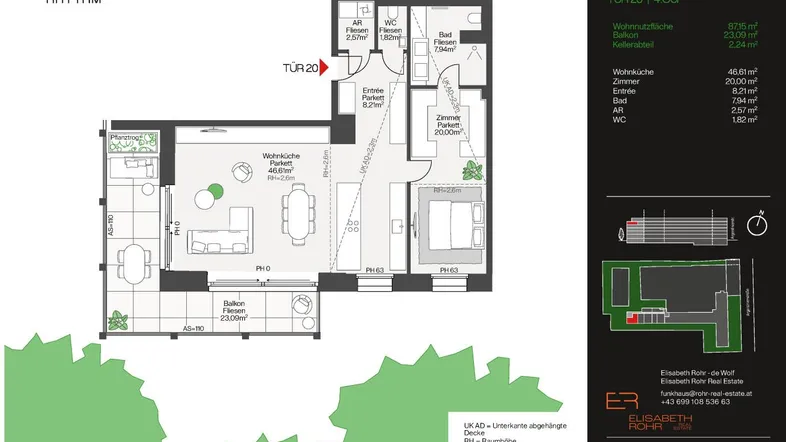 Grundriss einer modernen Wohnung mit offener Wohnküche, Schlafzimmer, Bad und Balkon.