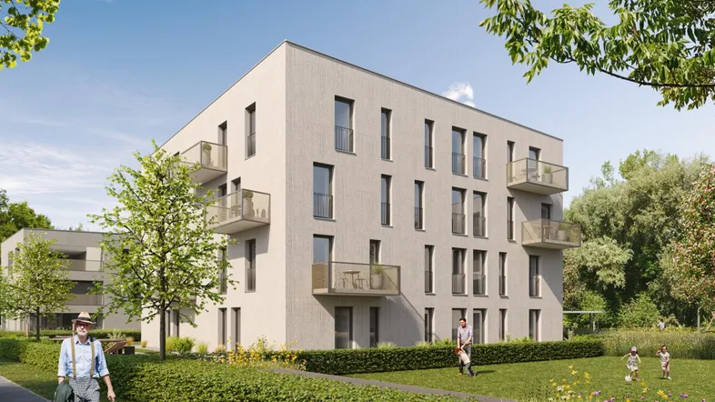 Modernes Wohnhaus mit Balkonen und Grünflächen, wo Menschen entspannen, spazieren gehen und Kinder spielen.