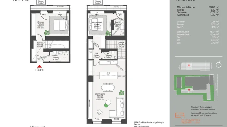 Grundrissplan einer Maisonette-Wohnung über zwei Etagen mit offenem Wohnbereich und zwei Terrassen.