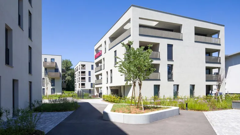 Moderne, weiße Wohngebäude mit Balkonen und angelegten Grünflächen unter blauem Himmel an einem sonnigen Tag (Furt, Kopie).