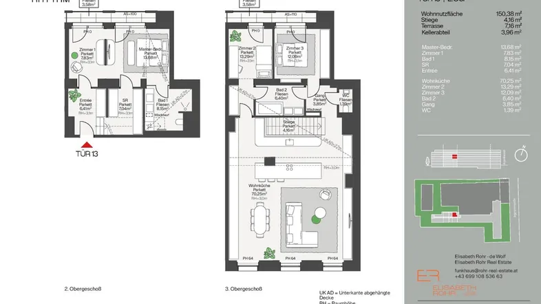 Detaillierter Grundriss einer Maisonette-Wohnung über zwei Ebenen mit mehreren Terrassen und Balkon.