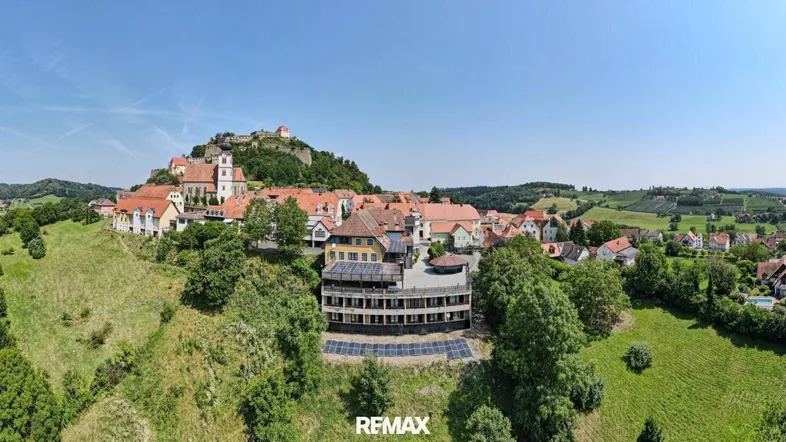 Panoramablick auf ein malerisches Dorf mit Burg auf einem Hügel, umgeben von grünen Weinbergen.