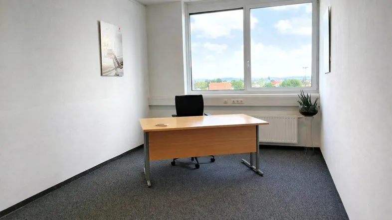 Helles Büro mit Teppichboden, großem Fenster und weitem Blick über die Landschaft.