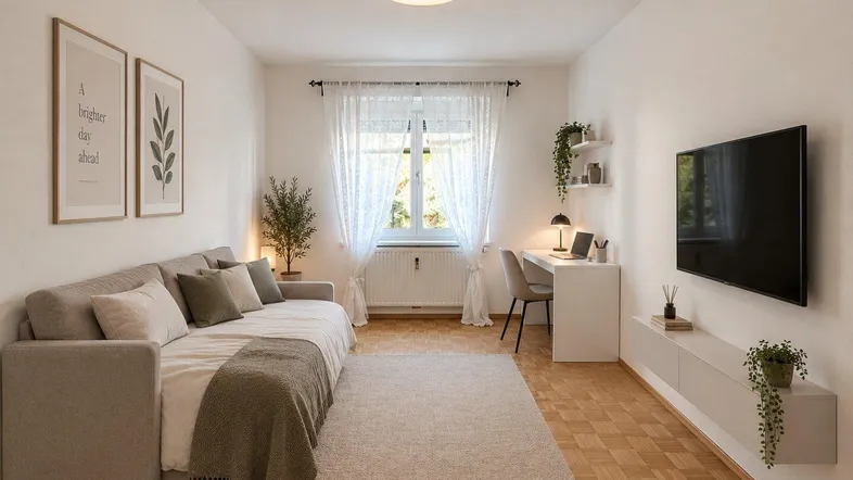 Helles Wohnzimmer mit Schlafsofa, Schreibtisch und Parkettboden, ideal für flexibles Wohnen.