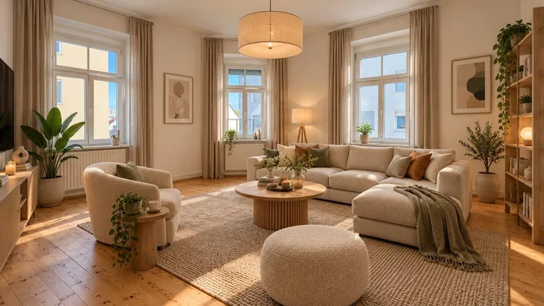 Helles, modern eingerichtetes Wohnzimmer mit Holzboden, beigefarbenem Sofa und großen Fenstern.