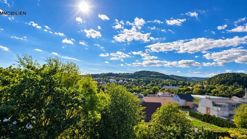 Panoramablick über die grüne Landschaft mit Häusern und strahlend blauem Himmel.
