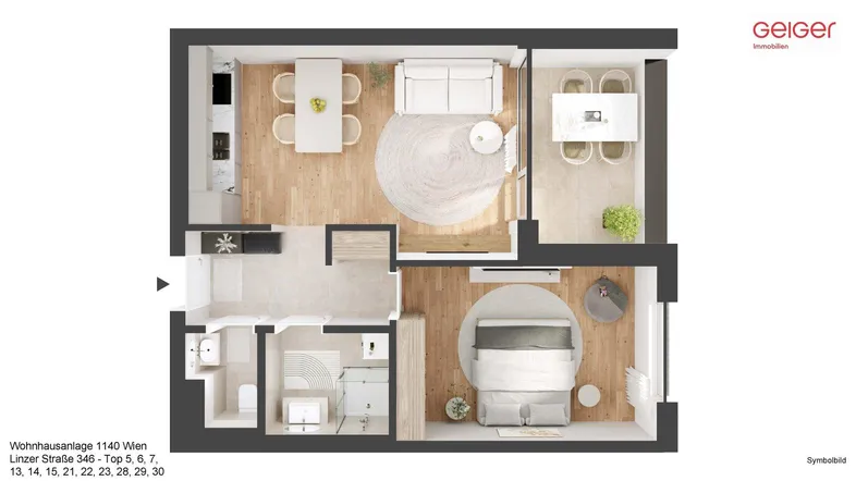 Möblierter Grundriss einer modernen Wohnung mit Wohnzimmer, Schlafzimmer, Küche und Bad.