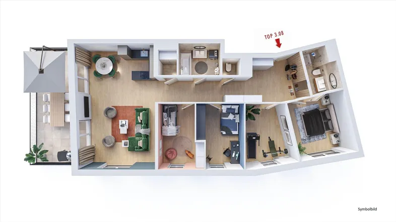 Dreidimensionaler Grundriss einer modernen Wohnung mit offener Wohnküche, vier Zimmern und großer Terrasse.