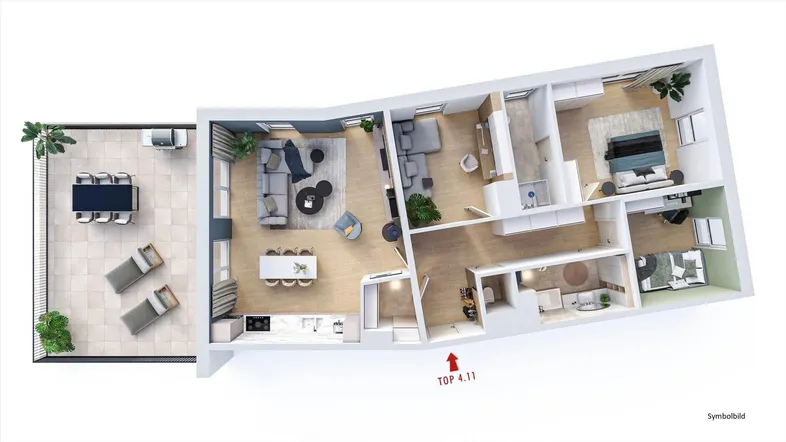 3D-Grundriss einer modernen Wohnung mit offener Wohnküche und großer Terrasse.