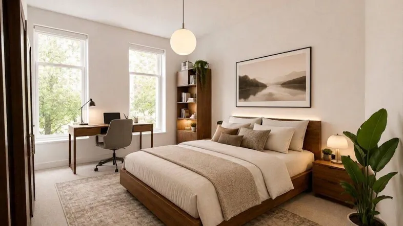 Helles Schlafzimmer mit modernem Design, großem Bett, Schreibtisch und viel Tageslicht.