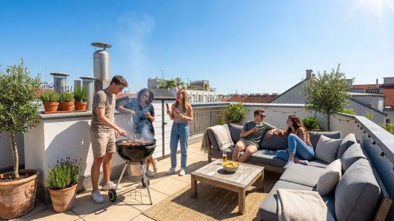 Große Dachterrasse mit Grillbereich, gemütlicher Sitzgruppe und weitem Blick über die Stadt.