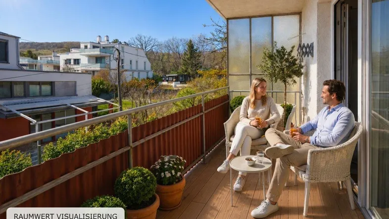 Heller Balkon mit Sitzgelegenheiten und Blick auf die umliegende Wohngegend und viel Grün.