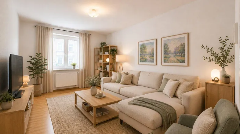 Helles und gemütliches Wohnzimmer mit beigem Ecksofa, Holztisch und Parkettboden.