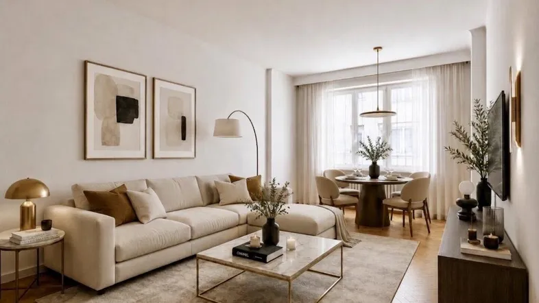 Modernes, virtuell inszeniertes Wohnzimmer mit Essbereich, hellem Sofa und stilvoller Einrichtung.