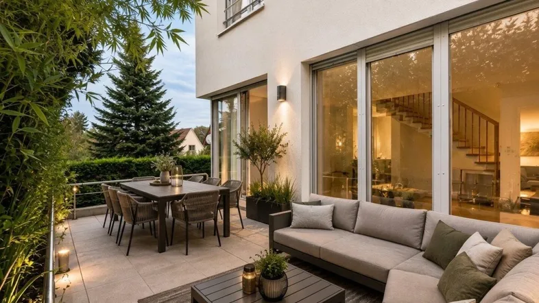 Große möblierte Terrasse mit Essbereich und Lounge-Sofa, umgeben von Grünpflanzen.