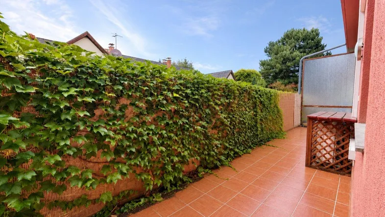 Geflieste Terrasse mit üppiger grüner Bepflanzung entlang der Wand und offenem Himmel.