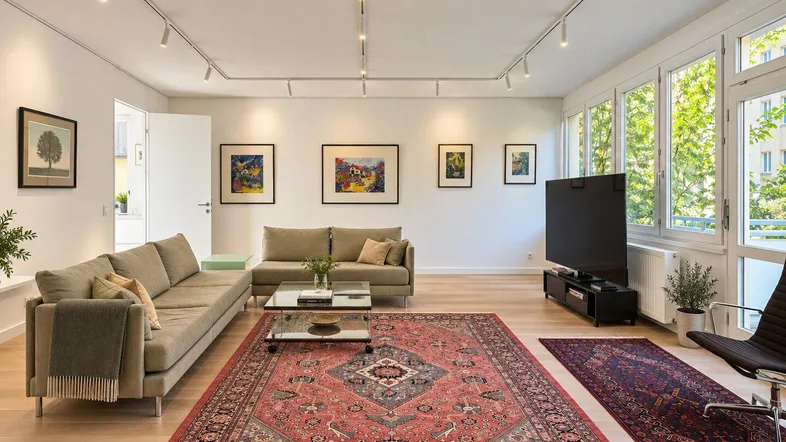 Helles Wohnzimmer mit Holzboden, großen Fenstern und gemütlichen Sofas, ideal zum Entspannen.