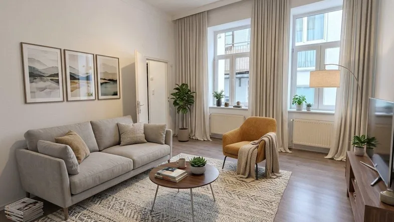 Helles Wohnzimmer mit beigem Sofa, Teppich, Laminatboden und zwei großen Fenstern.