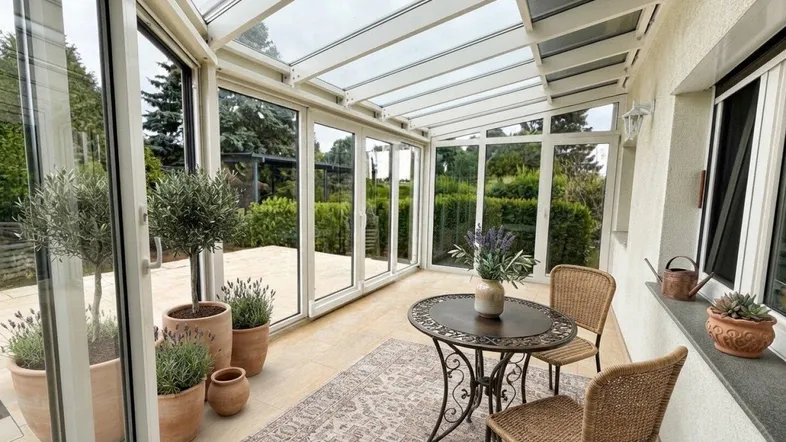 Heller Wintergarten mit Glasdach, großen Fenstern, gemütlichem Sitzbereich und Blick in den grünen Garten.
